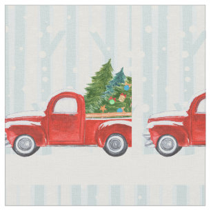 Weihnachtsroter Lieferwagen auf der Schneestraße Stoff