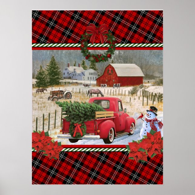 Weihnachtsroter LKW auf der Pferdefarm Poster (Vorne)