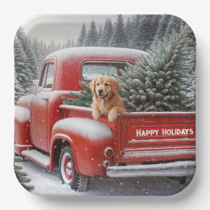 Weihnachtsroter LKW mit Goldenen Retriever Pappteller