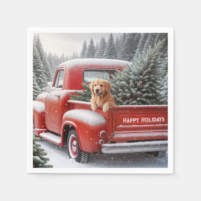 Weihnachtsroter LKW mit Goldenen Retriever Serviette (Vorderseite)