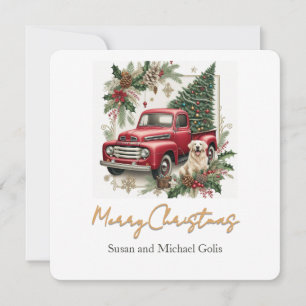 Weihnachtsroter LKW mit Grünem Gold Schrift Feiertagskarte