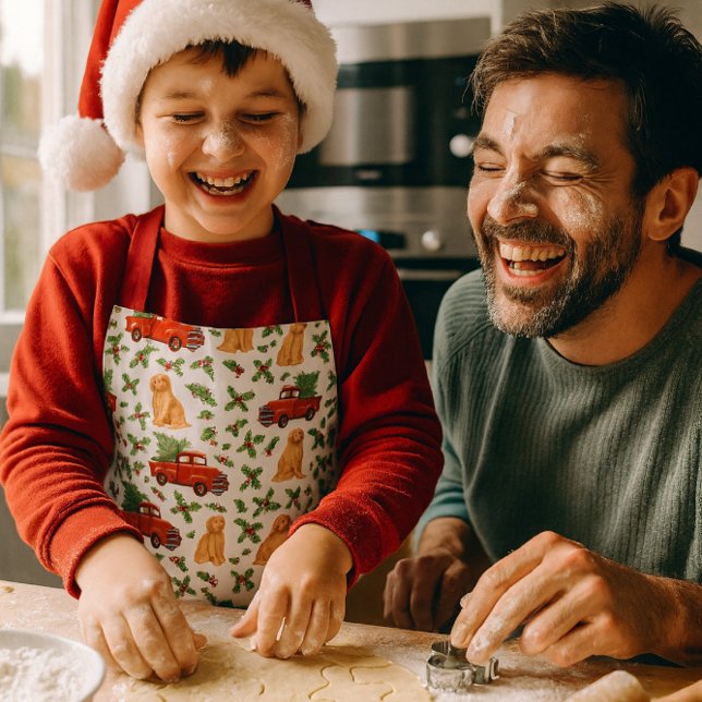 Weihnachtsroter-LKW-Muster Kinder  Schürze (A Christmas moment: making cookies with dad while wearing cute red-truck digital watercolor apron.)