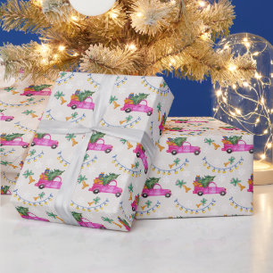 Weihnachtsroter rosa LKW mit Baum und Wünschen Geschenkpapier