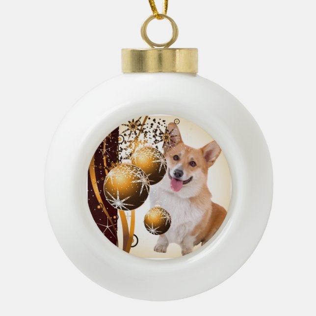 Weihnachtsroter und weißer Corgi Keramik Kugel-Ornament (Vorderseite)