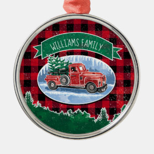 Weihnachtsroter Vintage-LKW Buffalo Plaid Name hin Ornament Aus Metall