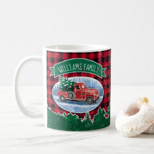 Weihnachtsroter Vintage-LKW Buffalo Plaid Name hin Tasse