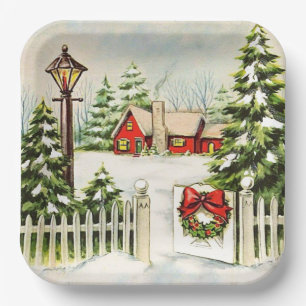 Weihnachtsrotes Haus Laterne Kiefern Pappteller