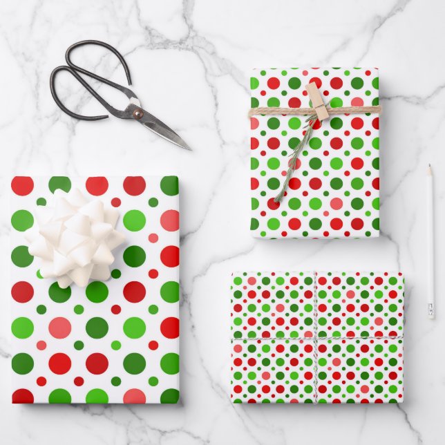 Weihnachtsrotes und grünes Polka-Dots Umhüllungspa Geschenkpapier Set (Vorderseite)