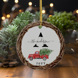Weihnachtsrottruckfamilie Monogramm mit Foto Keramik Ornament
