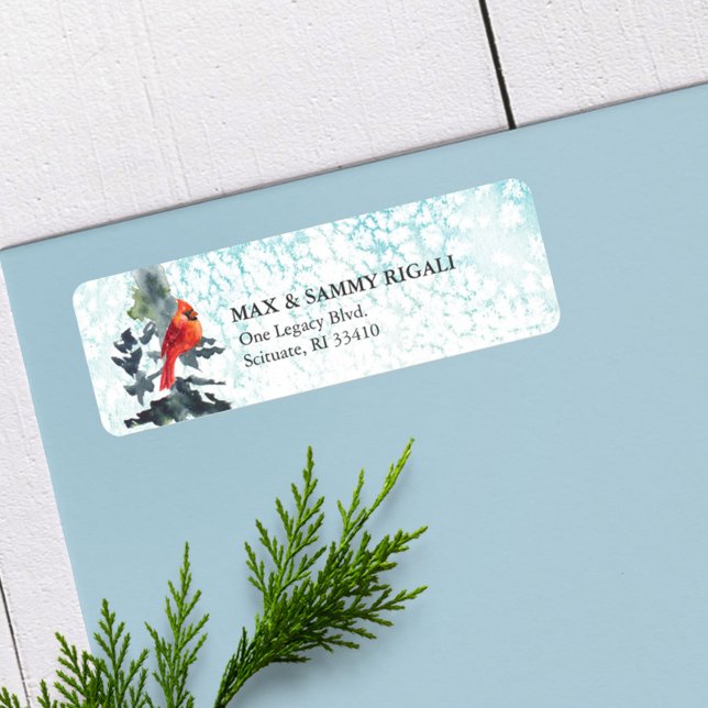 Weihnachtsrücksendeadresse Label Wintery Scene (Return address labels watercolor winter pine tree and snow red cardinal mountains)