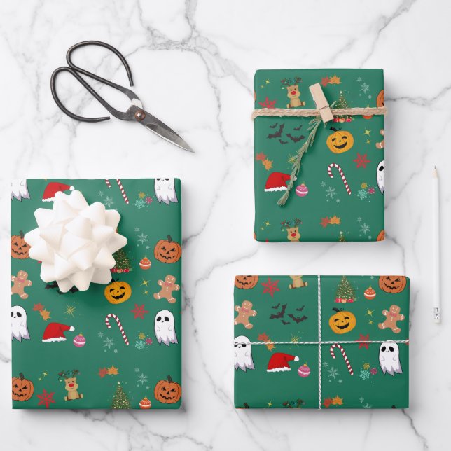 Weihnachtssaal Wrapping Paper Flat Sheet Set Geschenkpapier Set (Vorderseite)