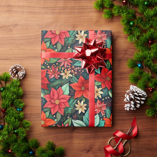 Weihnachtssaison Boho Poinsettia Design Geschenkpapier (Feiertagsgeschenk)