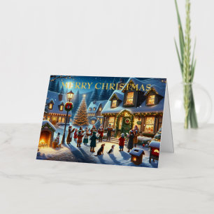 Weihnachtssänger außerhalb eines dekorierten Dorfe