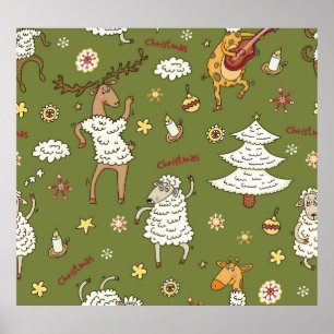 Weihnachtsschaf: Vintage Illustration von Tieren. Poster