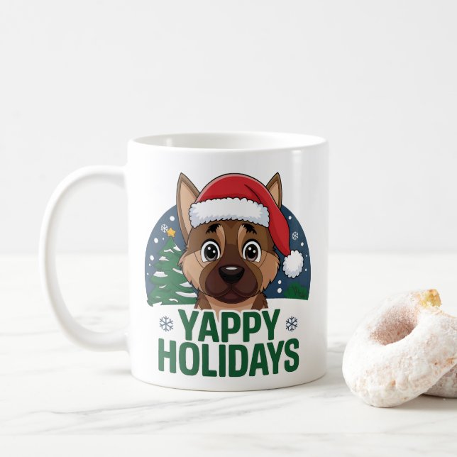 Weihnachtsschäfer Hund GSD Yappy Holidays Kaffeetasse (Mit Donut)