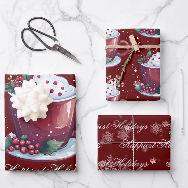 Weihnachtsschale heiße Schokolade | Rot Geschenkpapier Set (Vorderseite)