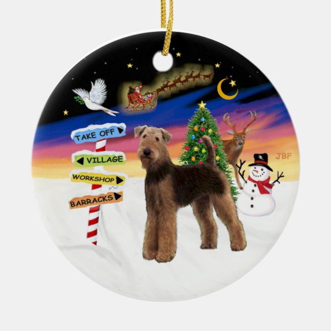 Weihnachtsschilder - Airedale (stehend) Keramik Ornament (Vorne)