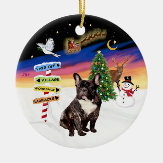 Weihnachtsschilder - Franzosen-Bulldogge Keramik Ornament (Vorne)