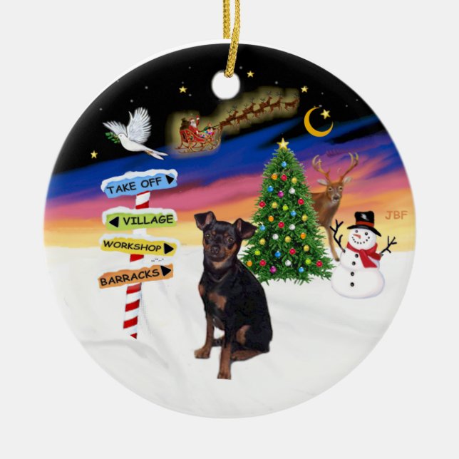 Weihnachtsschilder - Miniatur Pinscher (natürlich) Keramik Ornament (Vorne)