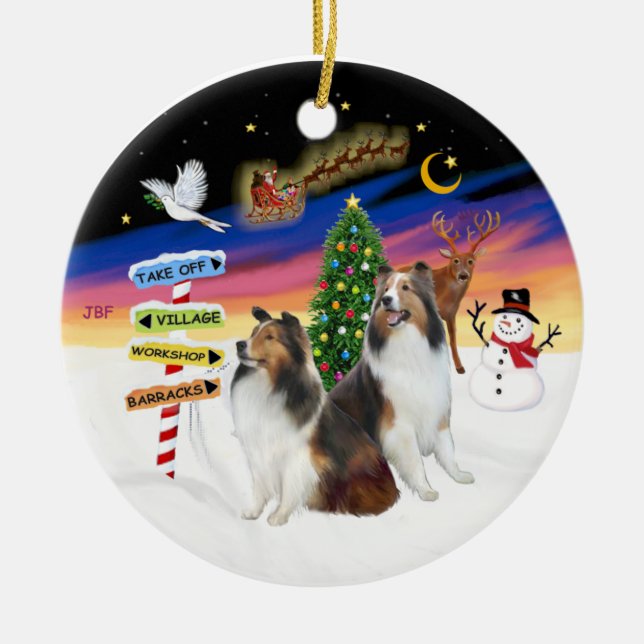 Weihnachtsschilder - Zwei Shetland Sheepdogs (D-L) Keramikornament (Vorne)