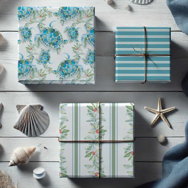 Weihnachtsschildkröte & Botanische Blätter Wasserf (Beach Christmas wrapping paper watercolor sea turtle and botanical art by Victoria Grigaliunas)