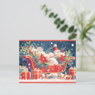 Weihnachtsschlitten mit Geschenken und Schneemann Feiertagspostkarte
