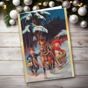 Weihnachtsschlitten mit Kindern Karte im alten Sti