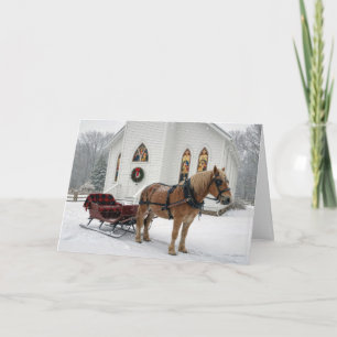 Weihnachtsschlitten mit Pferden vor einer Kapelle Karte