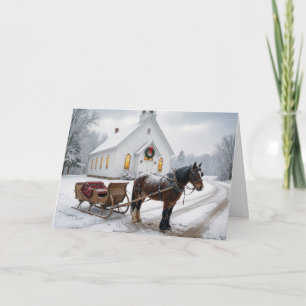 Weihnachtsschlitten mit Pferden vor einer Kapelle Karte