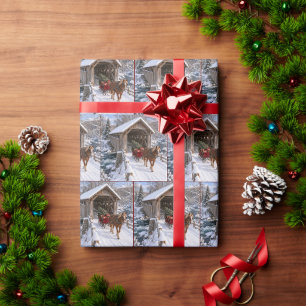 Weihnachtsschlitten mit überdachter Brücke Geschenkpapier