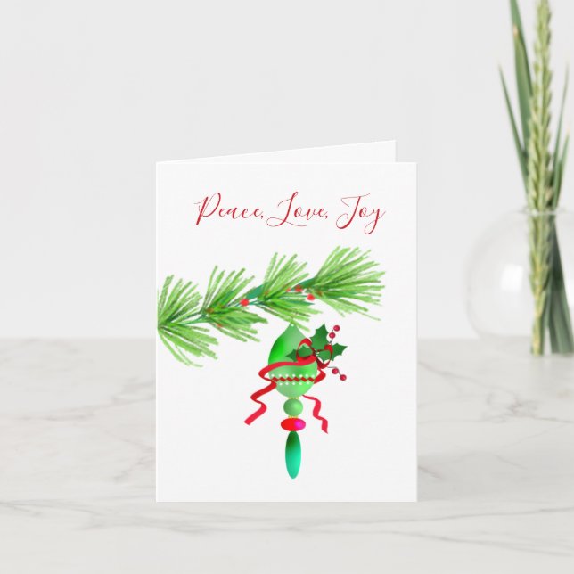 Weihnachtsschmuck auf Pine Tree Weihnachtskarte Karte (Vorderseite)