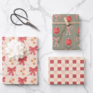 Weihnachtsschmuck, Bonbons und rote Bogen Geschenkpapier Set