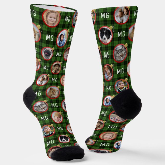 Weihnachtsschmuck Grün Kariert Easy Foto Collage Socken (Gewinkelt)