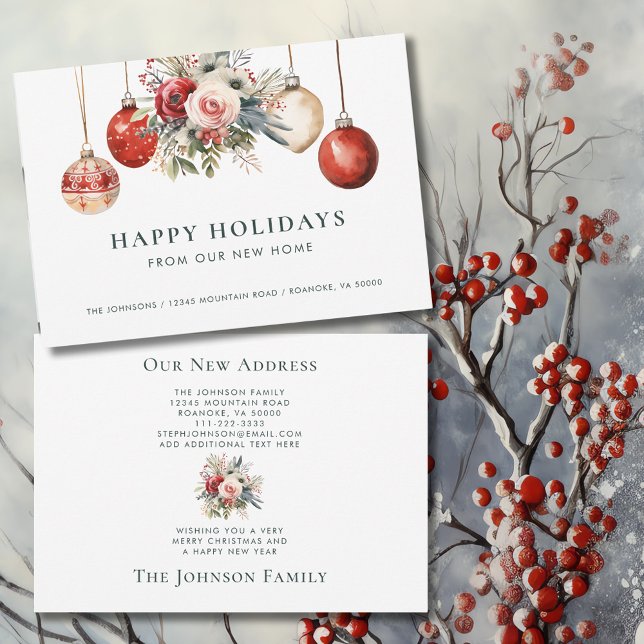 Weihnachtsschmuck Holiday Floral New Zuhause Ankündigung (Christmas Ornaments Holiday Floral New Home Announcement Flat Card with Envelope)