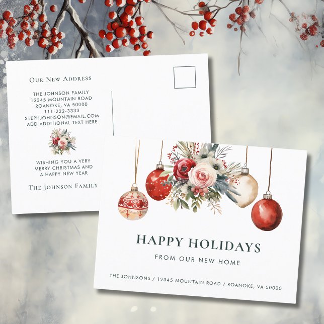 Weihnachtsschmuck Holiday Floral New Zuhause Ankündigungspostkarte (Christmas Ornaments Holiday Floral New Home Announcement Postcard)