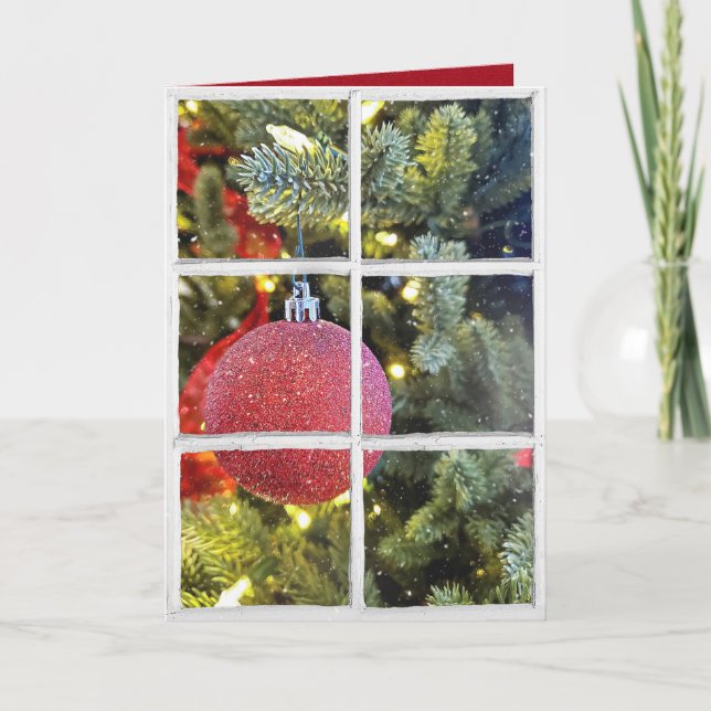 Weihnachtsschmuck im Schneefenster Feiertagskarte (Vorderseite)