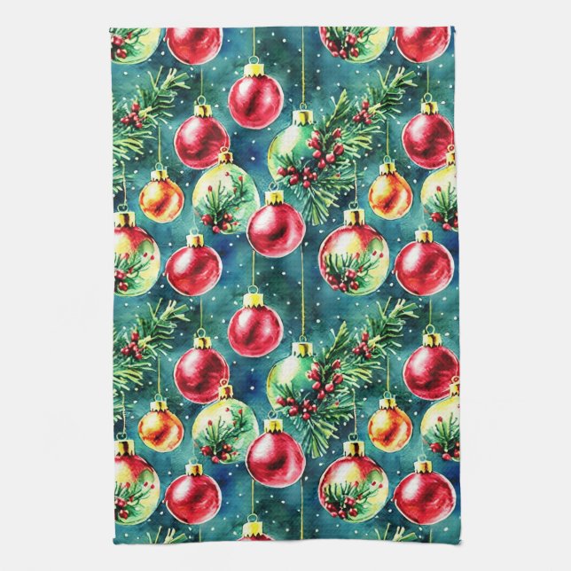 Weihnachtsschmuck in Aquarellen, rot und Aquamarin Geschirrtuch (Vertikal)