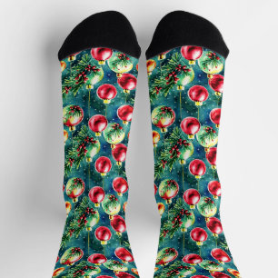 Weihnachtsschmuck in Aquarellen, rot und Aquamarin Socken