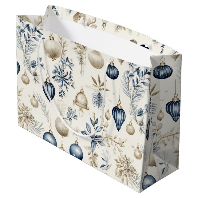 Weihnachtsschmuck in Blau und Beige Große Geschenktüte (Rückseite Schrägansicht)