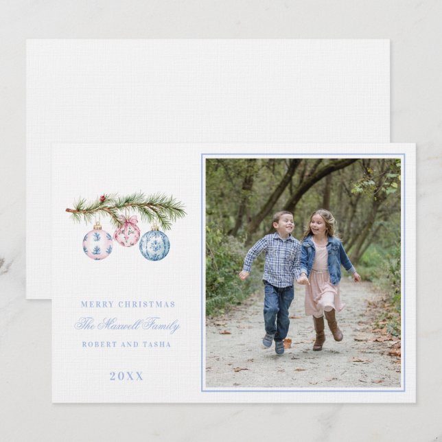 Weihnachtsschmuck in Rosa und Blau Einladung (Vorne/Hinten)