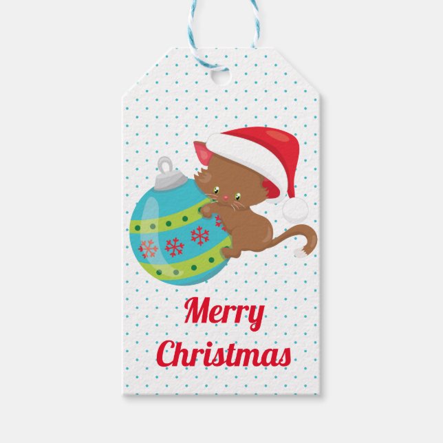 Weihnachtsschmuck Kitten Blue Polka Dot Cartoon Geschenkanhänger (Vorderseite)
