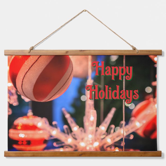 Weihnachtsschmuck und glückliche Ferien Wandteppich Mit Holzrahmen (Vorne)