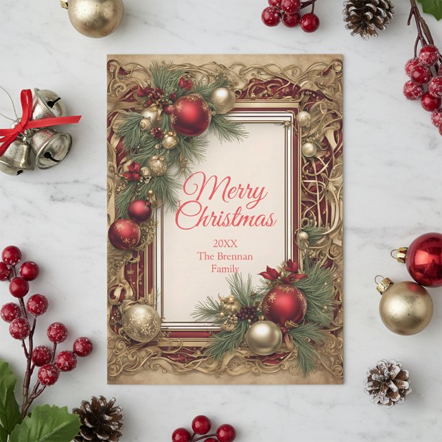 Weihnachtsschmuck und Pinienbäume Feiertagskarte (Von Creator hochgeladen)