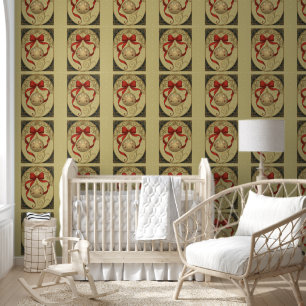 Weihnachtsschmuck und rotes Band im Jugendstil Tapete