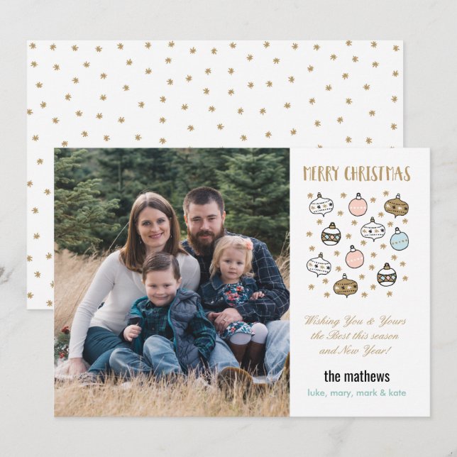Weihnachtsschmuck und Sterne Foto Feiertagskarte (Vorne/Hinten)