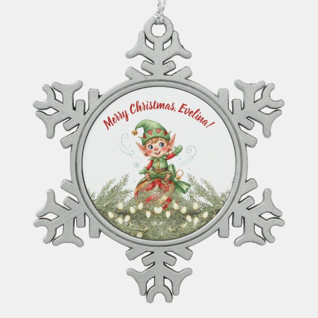Weihnachtsschmuck vom Elf Schneeflocken Zinn-Ornament (Vorderseite)