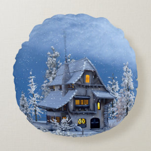 Weihnachtsschnee auf dem Lebkuchenhaus Rundes Kissen