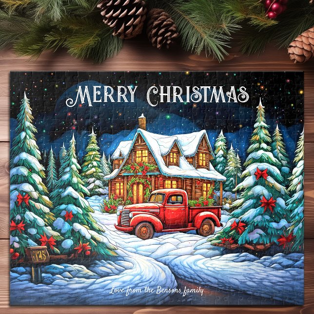 Weihnachtsschnee Pine Forest Happy Holiday Art Puzzle (Christmas Cabin Snow Pine Forest Happy Holiday Art Jigsaw Puzzle)