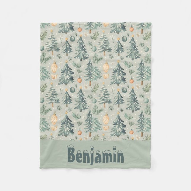 Weihnachtsschnee und Bäume grün mit Namen Fleecedecke (Vorderseite)