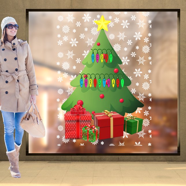 Weihnachtsschneebaum präsentiert Zuhause Storefron Fensteraufkleber (Christmas Snow Tree Presents Home Storefront Vinyl Window Cling)